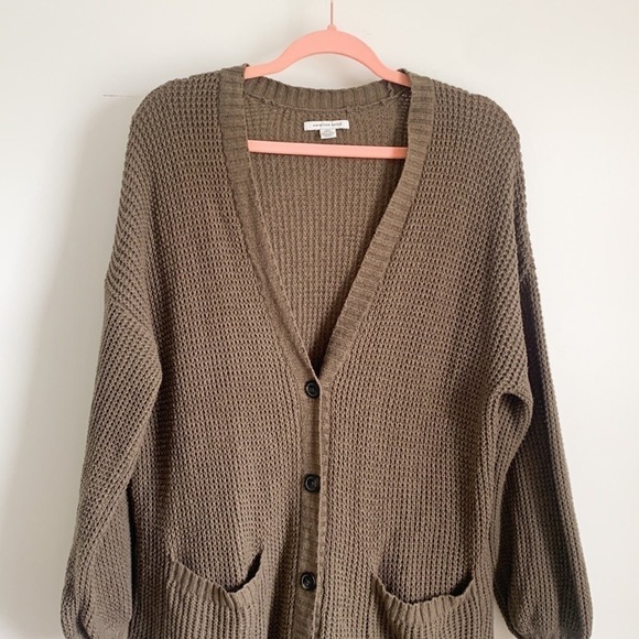 American Eagle Oversized waffle knit Grandpa Slouchy Cardigan Gray Brown XS/S - Picture 6 of 11
